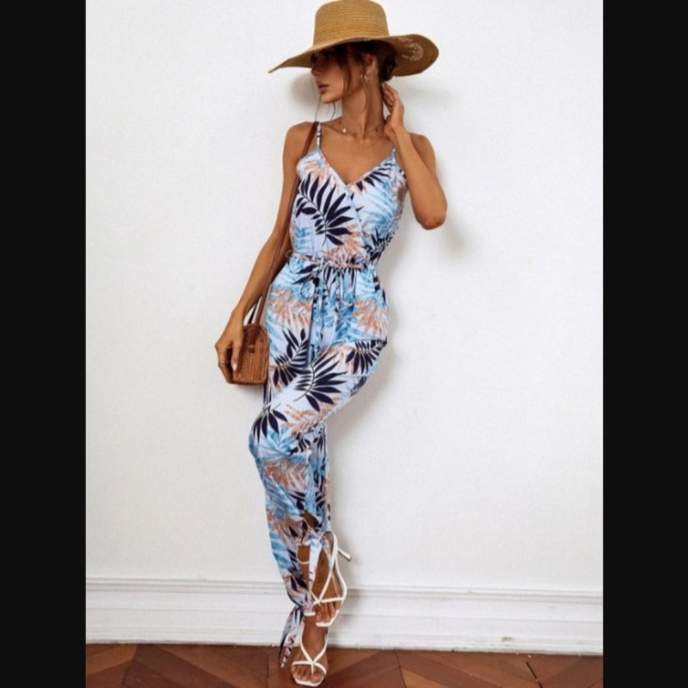 Tropical Print Knot Hem Belted Cami Jumpsuit LG NEW